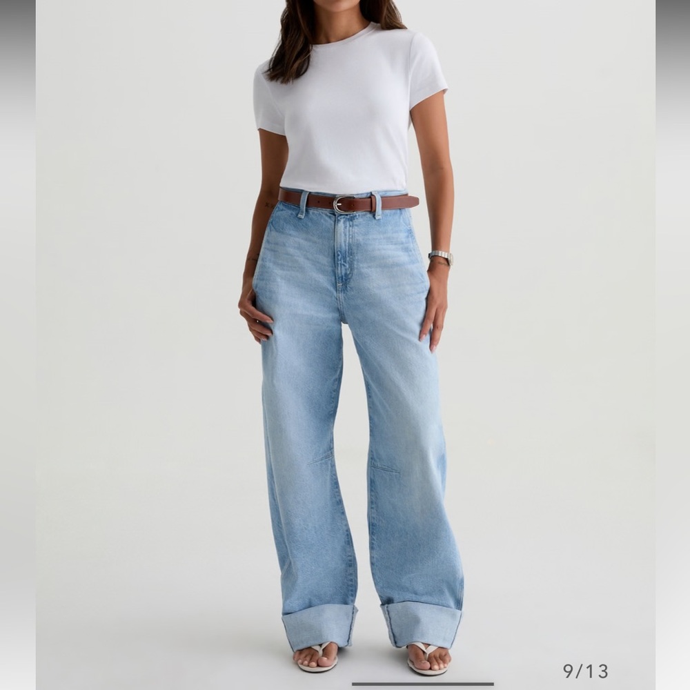 Ag Adriano Goldschmied Light Wash Wide Leg Jeans with Cuffed Hem
